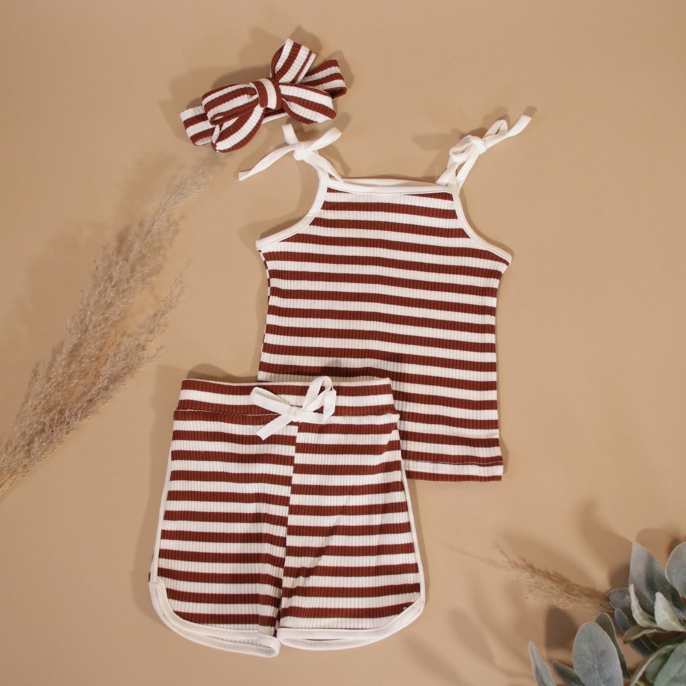 Striped Tie Shoulder Three Piece Set Rust Brown